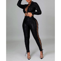 Long Sleeve Eyelet Lace-up Sequins Crop Top & Pants Set - black