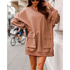 Long Sleeve Flap Pocket Split Hem Sweatshirt Dress - khaki