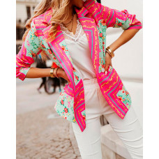 Long Sleeve Floral Baroque Print Blazer Coat - hot pink