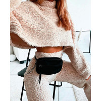 Long Sleeve Fluffy Crop Top & Pants Set - Apricot