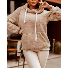 Long Sleeve Fluffy Drawstring Hoodie - Apricot