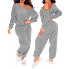 Long Sleeve Fluffy Pajamas Set - gray