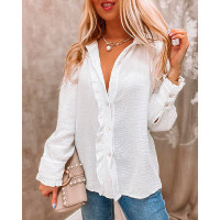 Long Sleeve Frill Hem Button Down Shirt - white