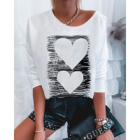 Long Sleeve Heart Print Casual Top - white