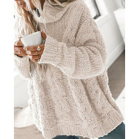 Long Sleeve High Neck Cable Knit Sweater - beige