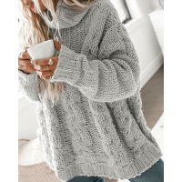 Long Sleeve High Neck Cable Knit Sweater - gray