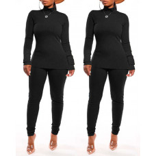 Long Sleeve High Neck Top & Pants Set - black