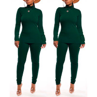 Long Sleeve High Neck Top & Pants Set - green