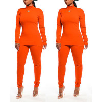 Long Sleeve High Neck Top & Pants Set - orange