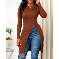 Long Sleeve High Slit Band Decor Ribbed Top - coffee