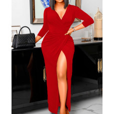 Long Sleeve High Slit Wrap Maxi Dress - red