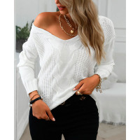 Long Sleeve Hollow Out Knit V-Neck Sweater - white