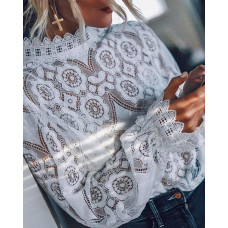 Long Sleeve Hollow Out Lace Casual Top - white