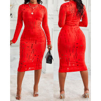 Long Sleeve Hollow Out Ruched Bodycon Dress - red