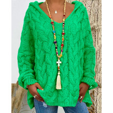 Long Sleeve Hooded Cable Knit Sweater - green