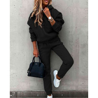 Long Sleeve Hooded Top & High Waist Pants Set - black