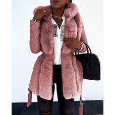 Long Sleeve Hooded Zip Up Warm Fuzzy Coat - pink