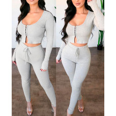 Long Sleeve Hook Front Crop Top & Drawstring Pants Set - gray