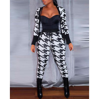 Long Sleeve Houndstooth Print Top & Drawstring Pants Set - white