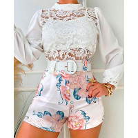 Long Sleeve Lace Top & Floral Print Shorts Set With Belt - white