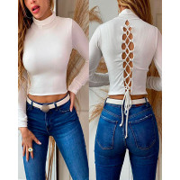 Long Sleeve Lace-up Back Ribbed Crop Top - white