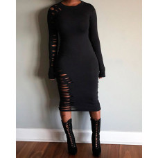 Long Sleeve Ladder Cutout Bodycon Dress - black