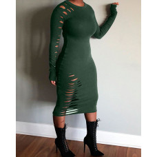 Long Sleeve Ladder Cutout Bodycon Dress - green