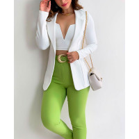 Long Sleeve Lapel Collar Blazer With Notch Neck Crop Cami Top - white