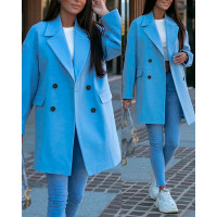 Long Sleeve Lapel Collar Double Breasted Coat - blue