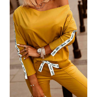 Long Sleeve Letter Tape Top & Pants Set - yellow