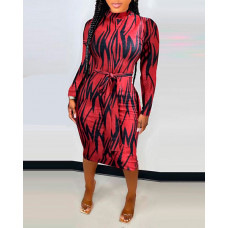 Long Sleeve Mock Neck Zebra Stripe Pattern Party Dress - red