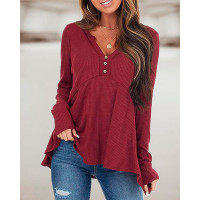 Long Sleeve Notch Neck Button Design Top - Wine red