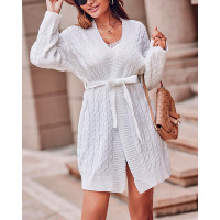 Long Sleeve Open Front Cable Knit Cardigan - white