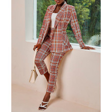 Long Sleeve Plaid Print Button Decor Blazer Coat - brown