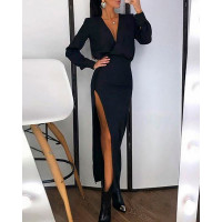 Long Sleeve Plunge High Slit Work Dress - black