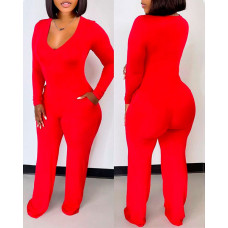 Long Sleeve Plunge Pocket Detail Jumpsuit - red