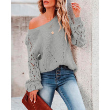 Long Sleeve Pointelle Knit Sweater - gray