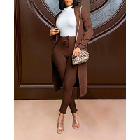 Long Sleeve Ribbed Cardigan & Drawstring Pants Set - brown