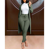 Long Sleeve Ribbed Cardigan & Drawstring Pants Set - green