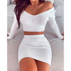 Long Sleeve Ribbed Crop Top & Skirt Sets - white