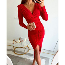 Long Sleeve Ruched Asymmetrical Party Dress - Wine red