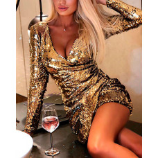 Long Sleeve Ruched Bodycon Sequin Dress - gold