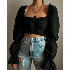 Long Sleeve Ruched Frill Hem Crop Top - black