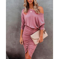 Long Sleeve Ruched Work Dress - pink