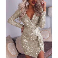 Long Sleeve Ruffle Detail Allover Sequin Party Dress - style1