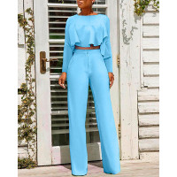 Long Sleeve Ruffle Hem Crop Top & High Waist Pants Set - blue