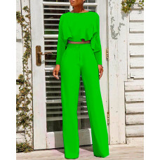 Long Sleeve Ruffle Hem Crop Top & High Waist Pants Set - green