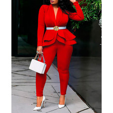 Long Sleeve Ruffle Hem Top & Pants Set Without Belt - red