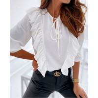 Long Sleeve Ruffles Tie Neck Top - white