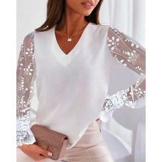 Long Sleeve Sheer Mesh Lace Top - white